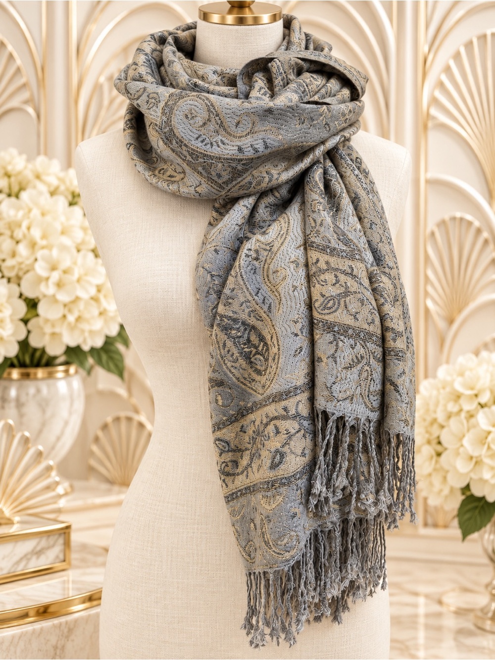 🆕🔥Elegant Grey & Taupe Pashmina Paisley Fringe Scarf -